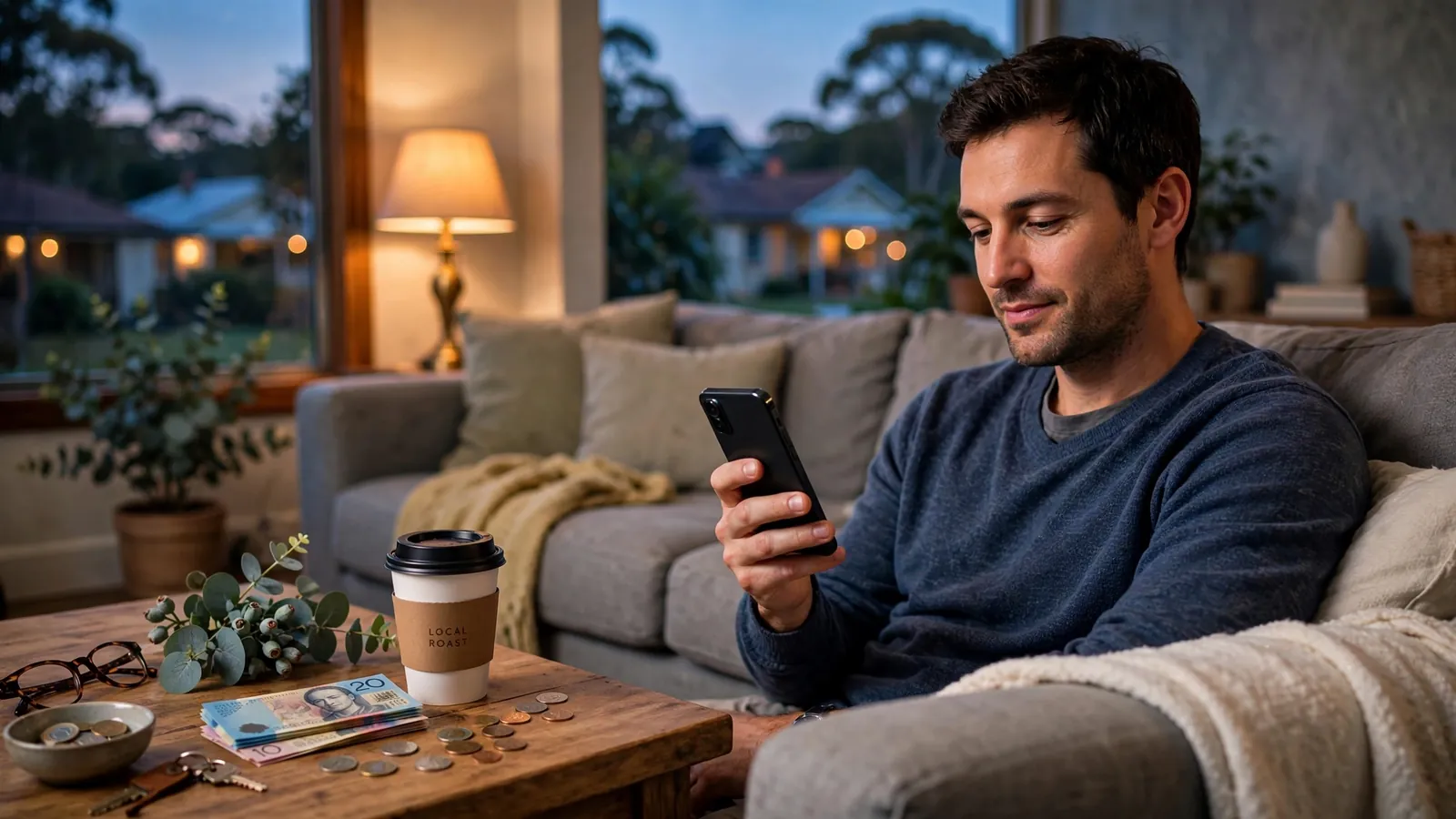 Person relaxing with phone and Australian money on table