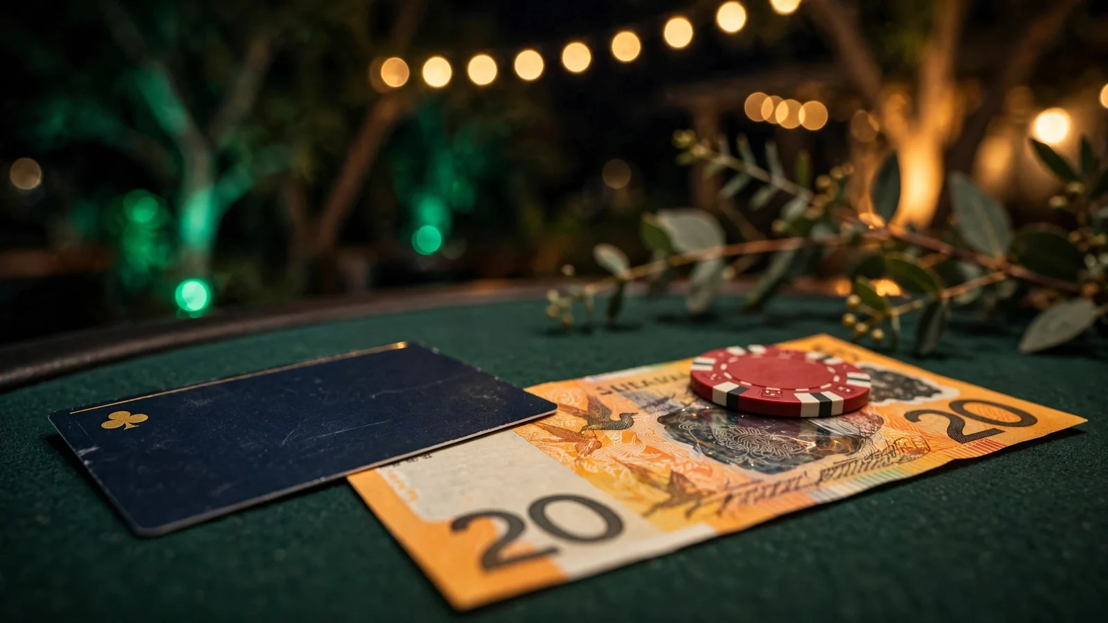Australian twenty-dollar banknote with a casino chip and loyalty card on a dark felt table