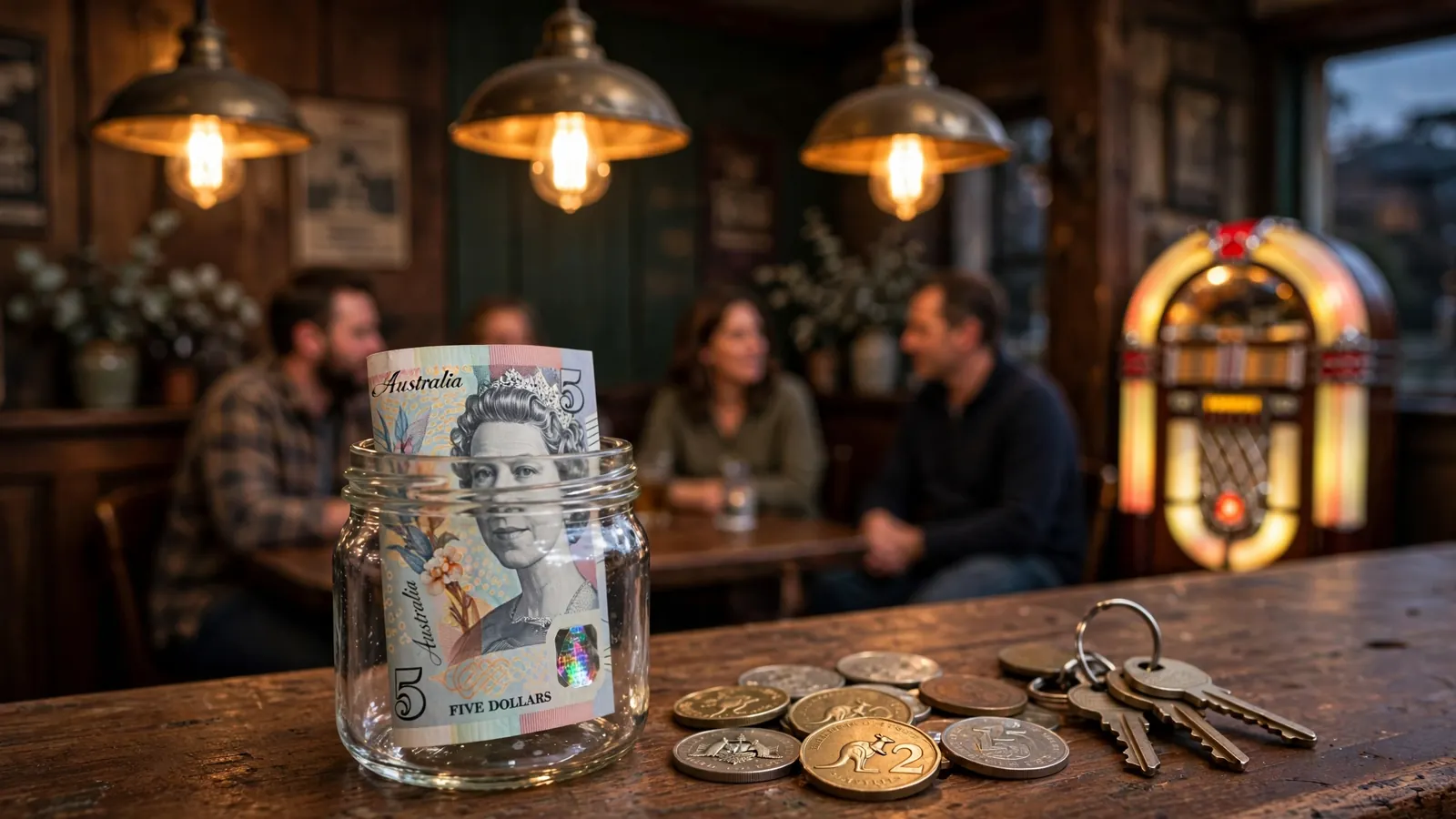 Australian pub interior with a small jar holding a five-dollar note on the bar