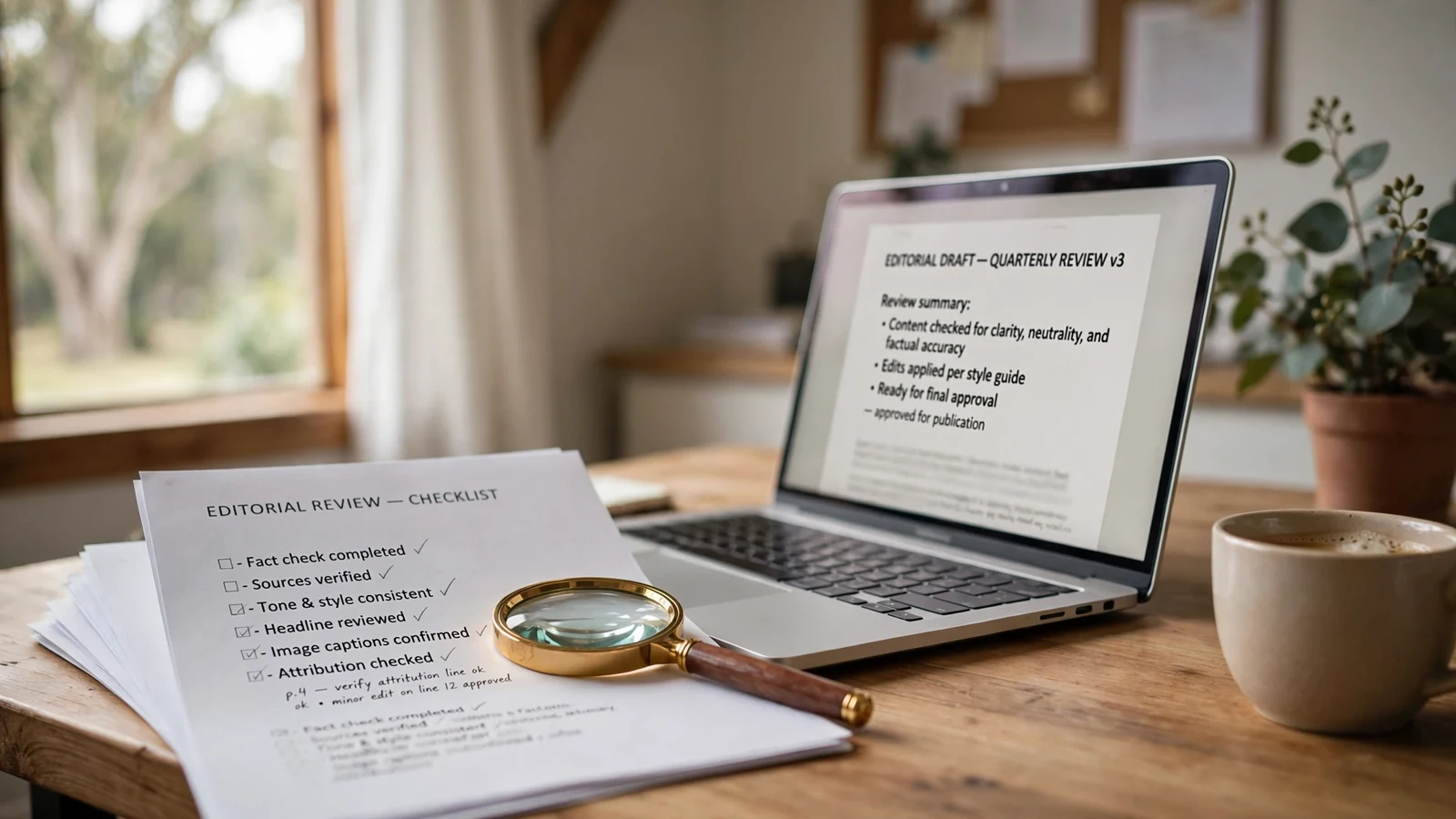 Australian editorial desk with laptop, review checklists, and a magnifying glass
