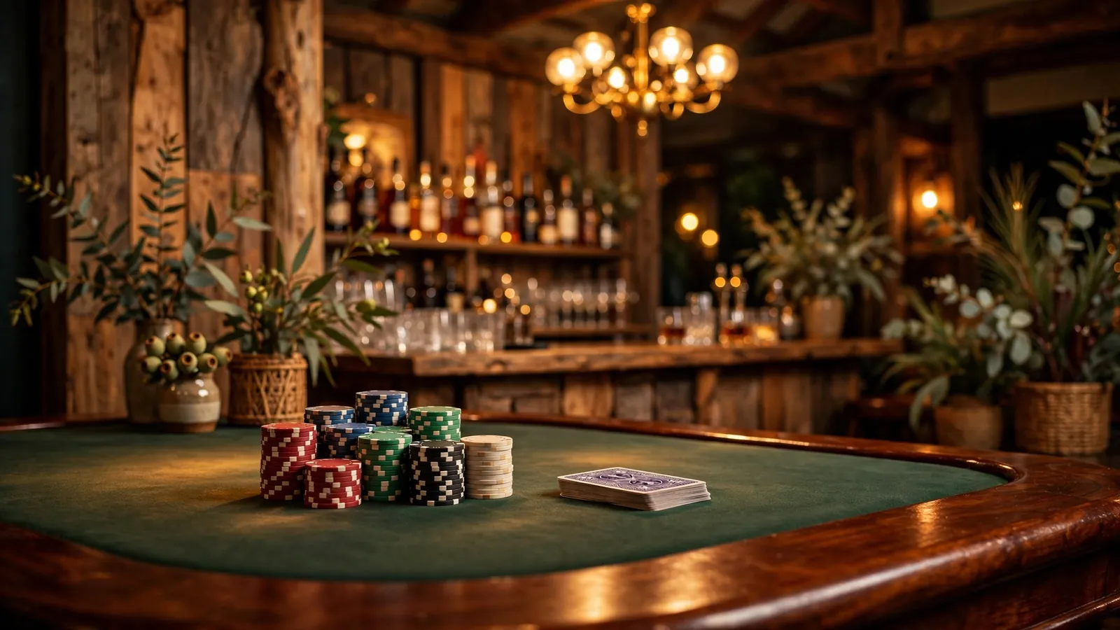 Australian-styled casino lounge with poker chips on a felt table.