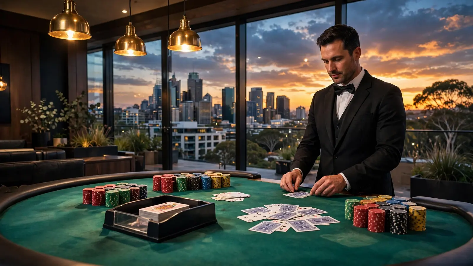 Live dealer casino studio with blackjack table and chips, Australian skyline at dusk.