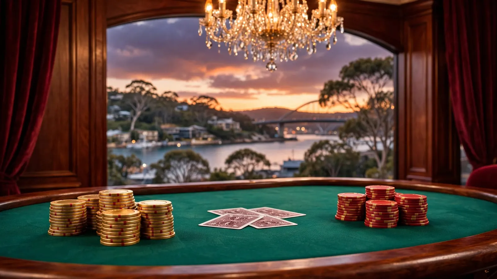 Elegant casino lounge with chips, cards, and Sydney skyline at dusk