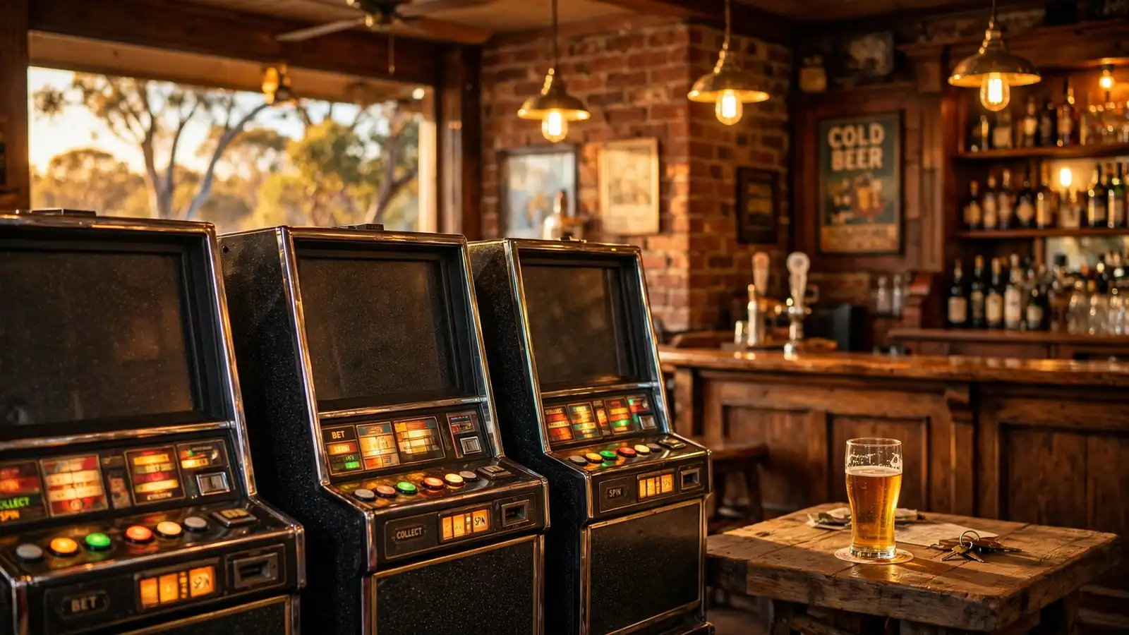 Classic Australian pub interior with a row of pokie machines, screens turned away.