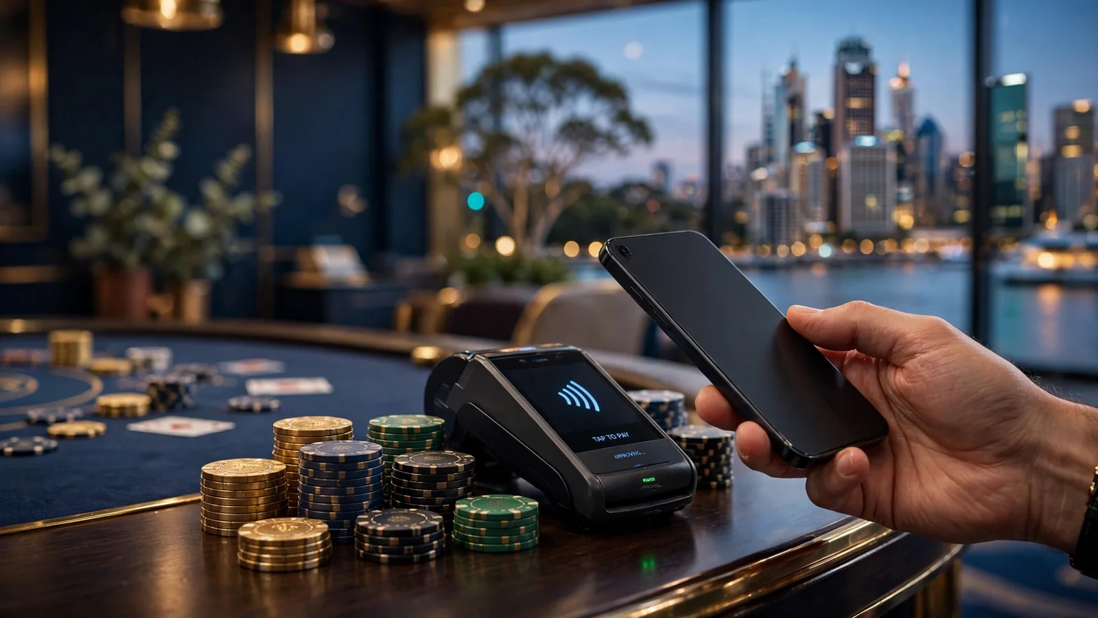 Hand using smartphone for contactless payment at Australian casino cashier desk