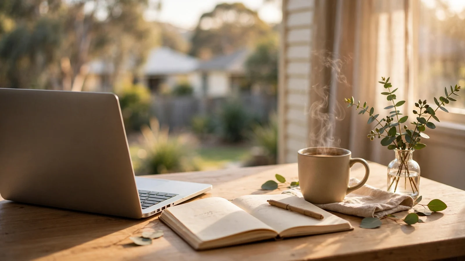 Sunlit Australian home office desk with a laptop, coffee, notebook, and eucalyptus leaves