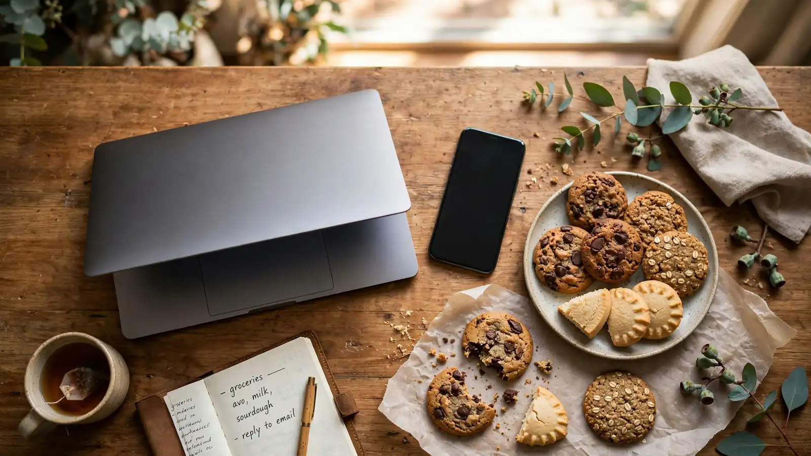 Cookies and devices on a wooden desk representing cookie policy