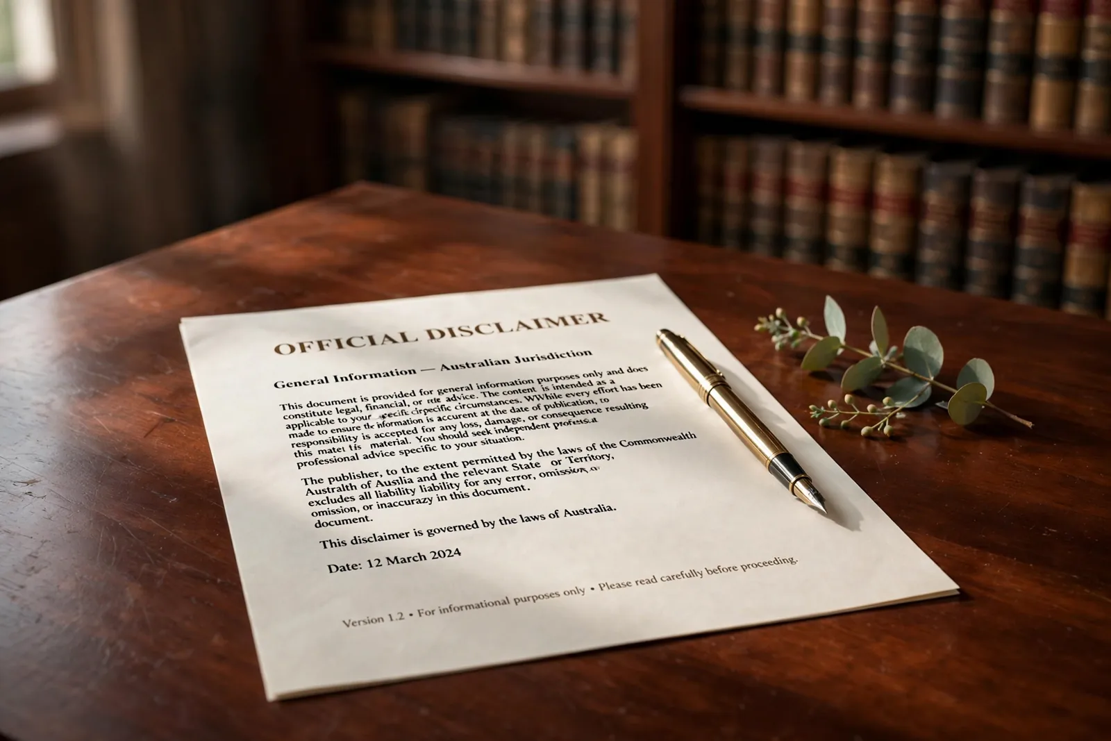 Disclaimer document on a mahogany desk with fountain pen and eucalyptus sprig.