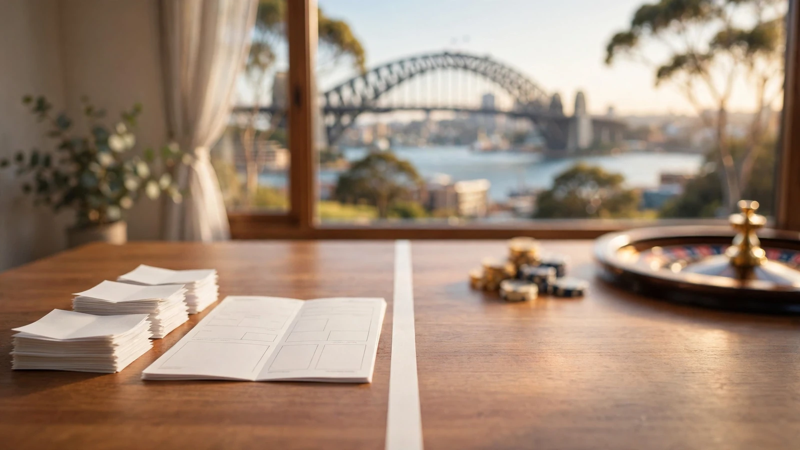 Table split between sports betting slips and out-of-focus casino chips in Sydney