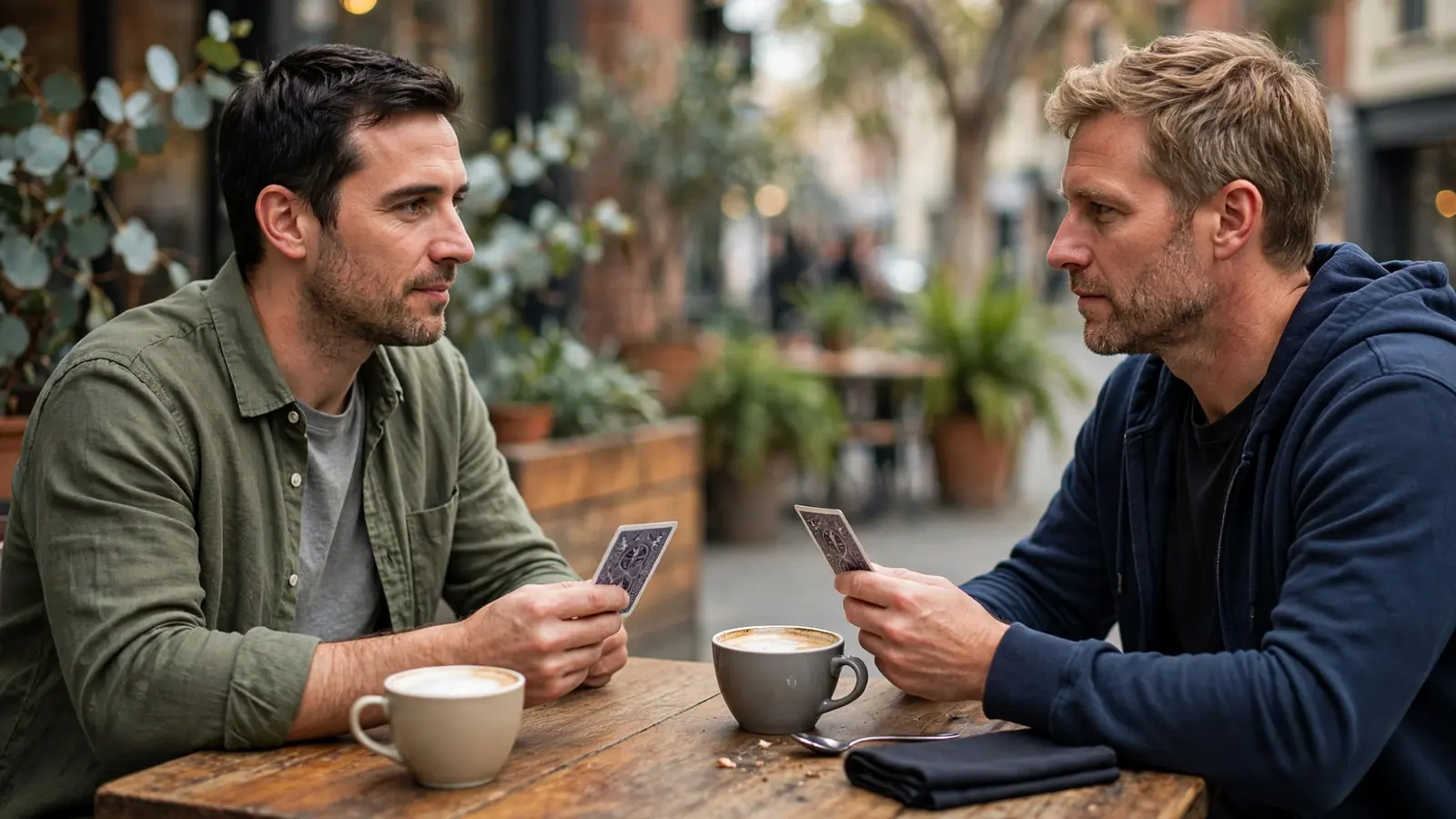 Two men holding face-down cards at a Melbourne café table