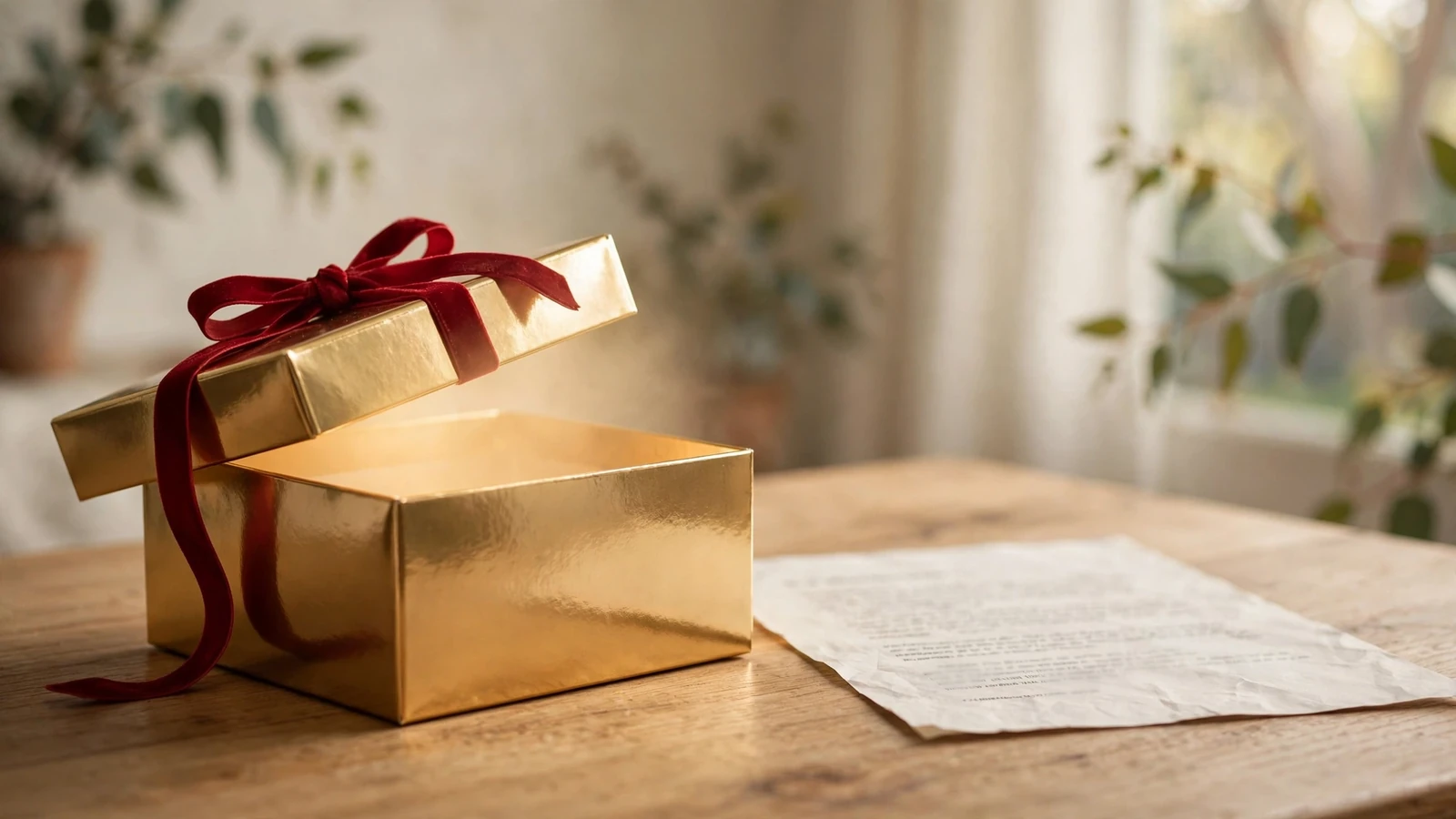 Glossy gold gift box with red ribbon on a table