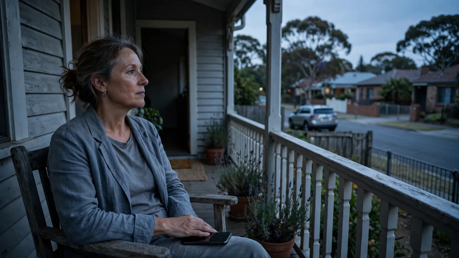 Woman sitting on veranda at dusk with a face-down smartphone