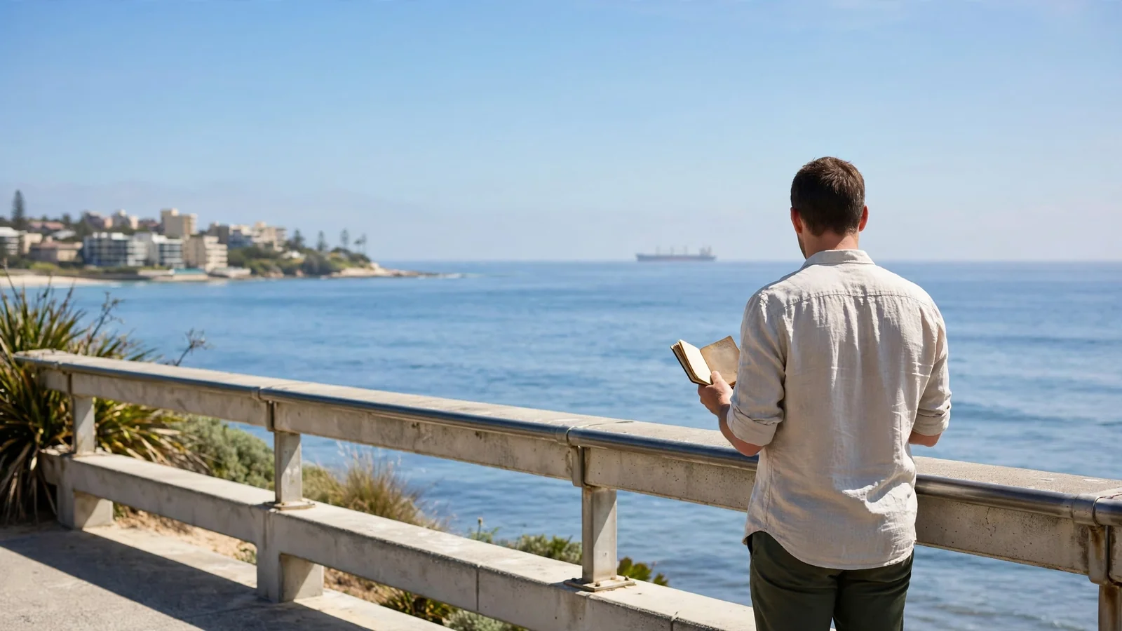 Person at Bondi railing looking at a distant cargo ship