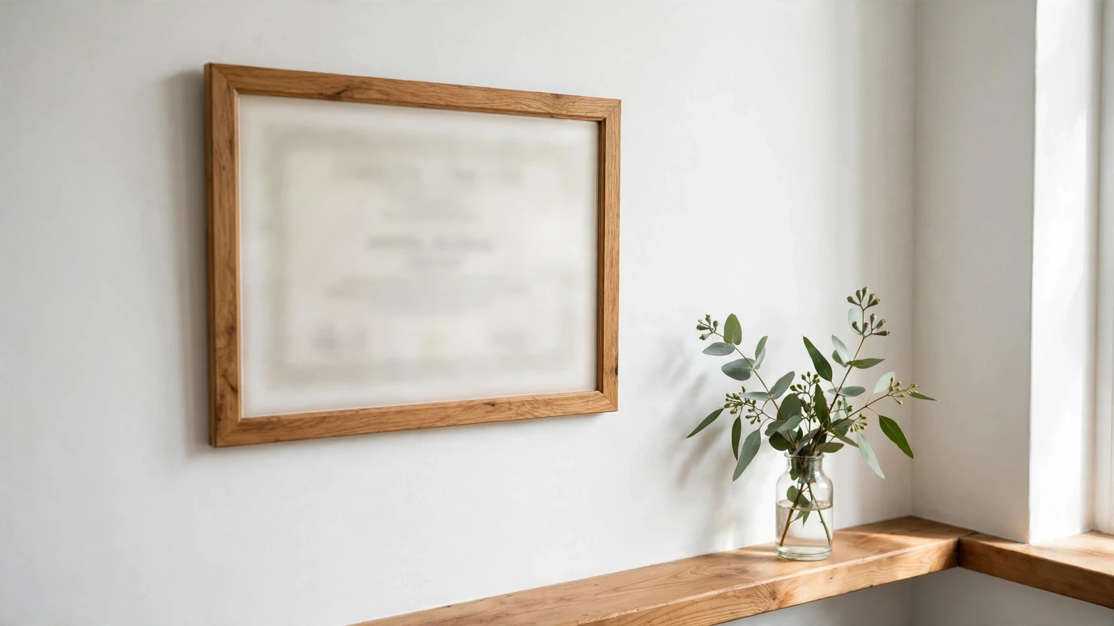 Blurred framed certificate on a white office wall