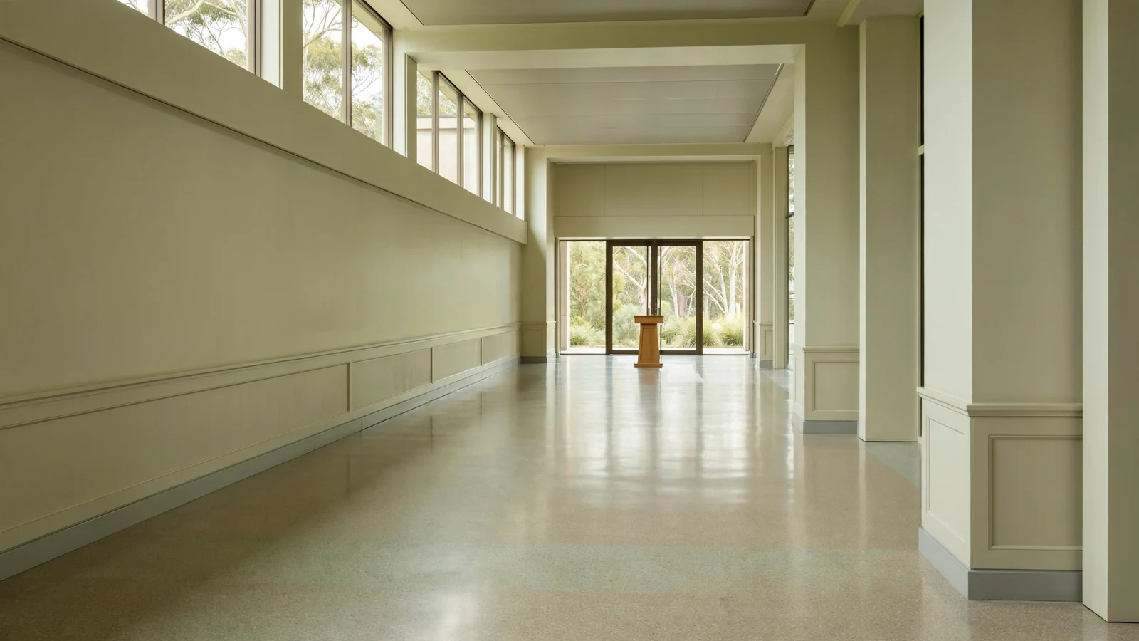 Empty formal corridor with a wooden lectern in Canberra