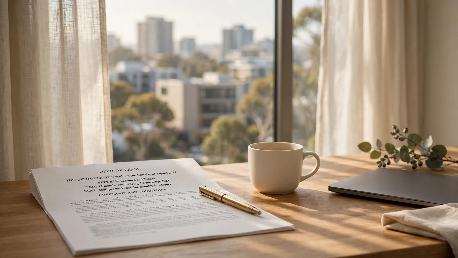 Sunlit desk with legal document and Australian cityscape through large window