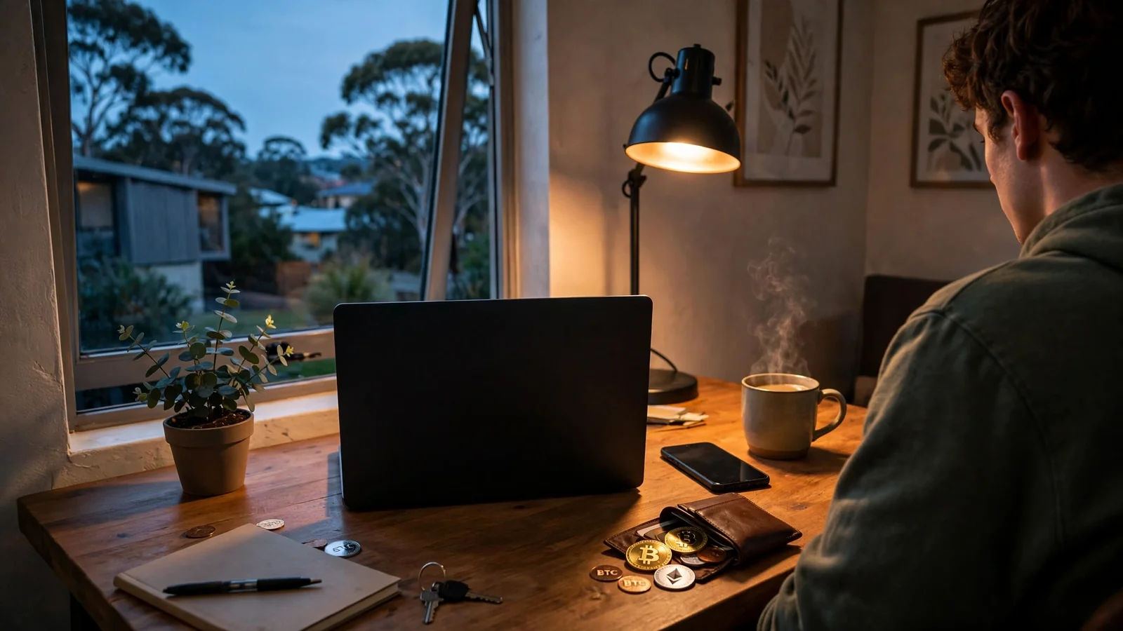 Person at Australian home desk with turned-away laptop and crypto wallet