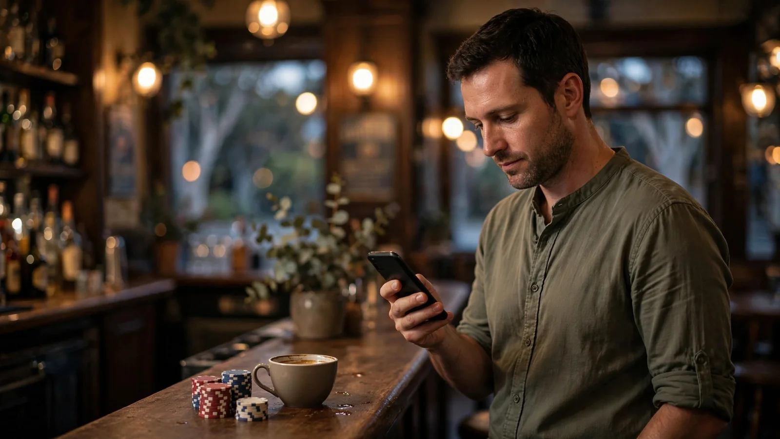Man at pub bar looking thoughtfully at phone with chips and coffee