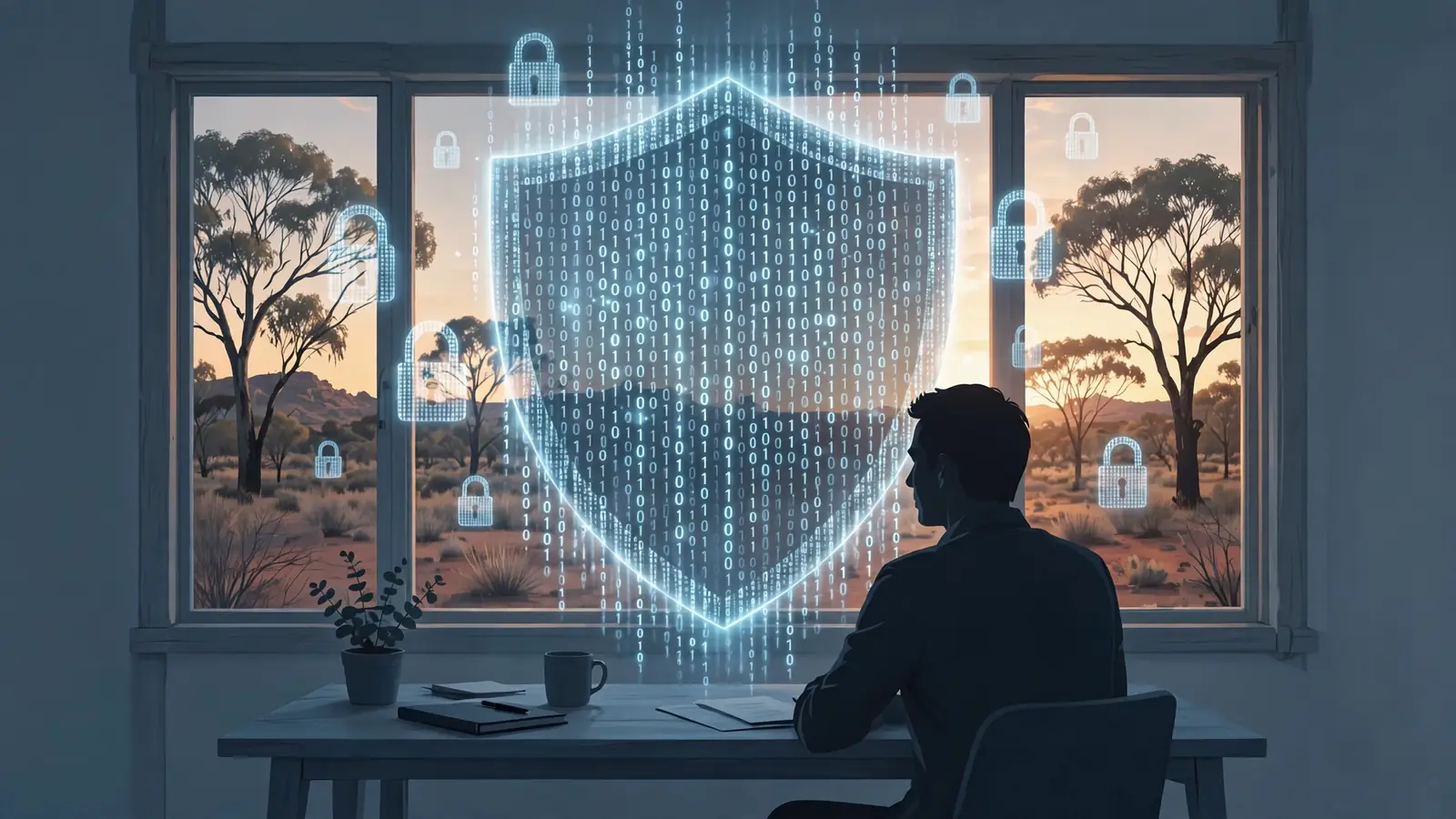 Digital shield of binary code protecting a user silhouette at a desk.