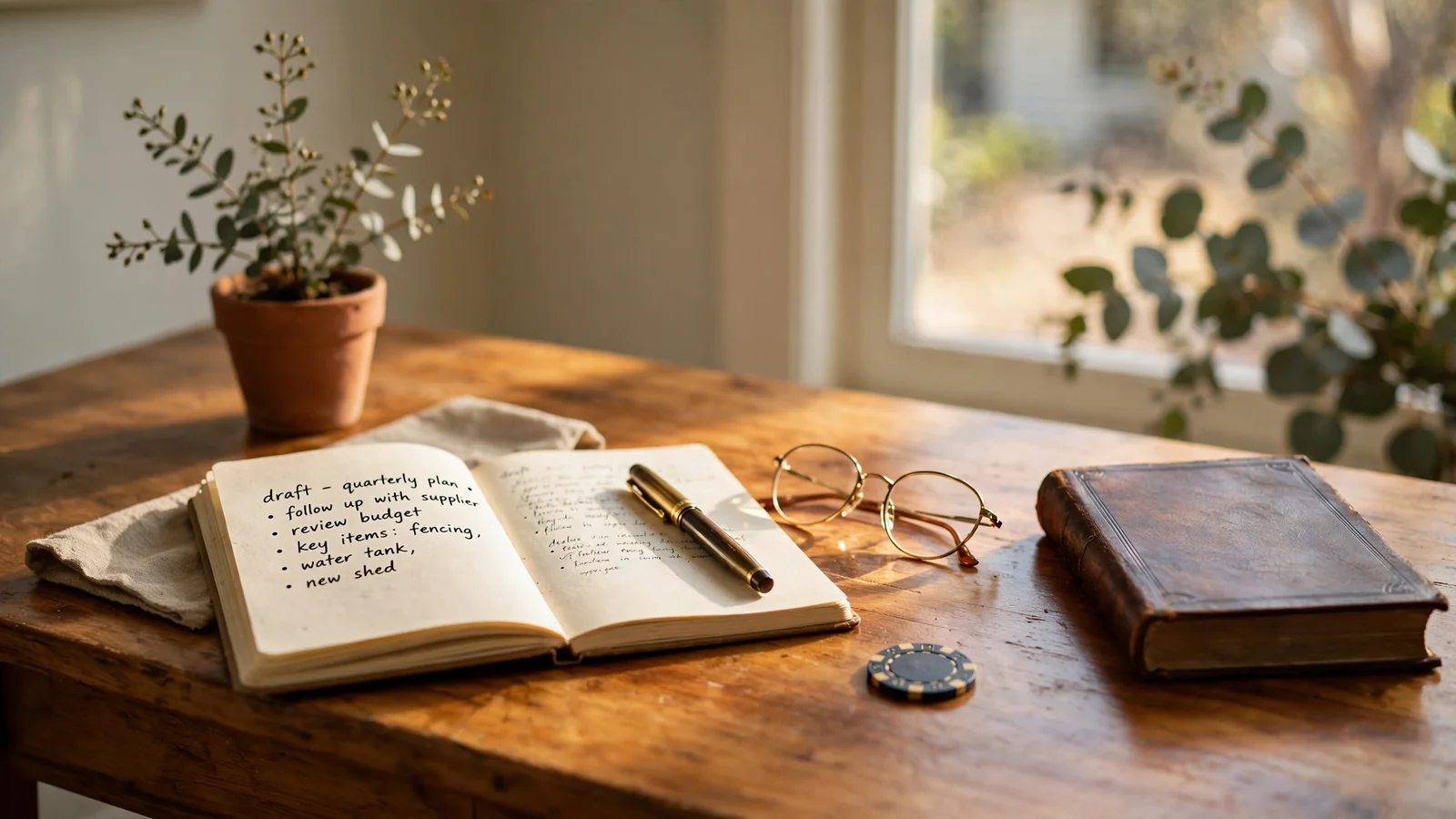Wooden desk with notebook, reading glasses, and a poker chip in an Australian home office.